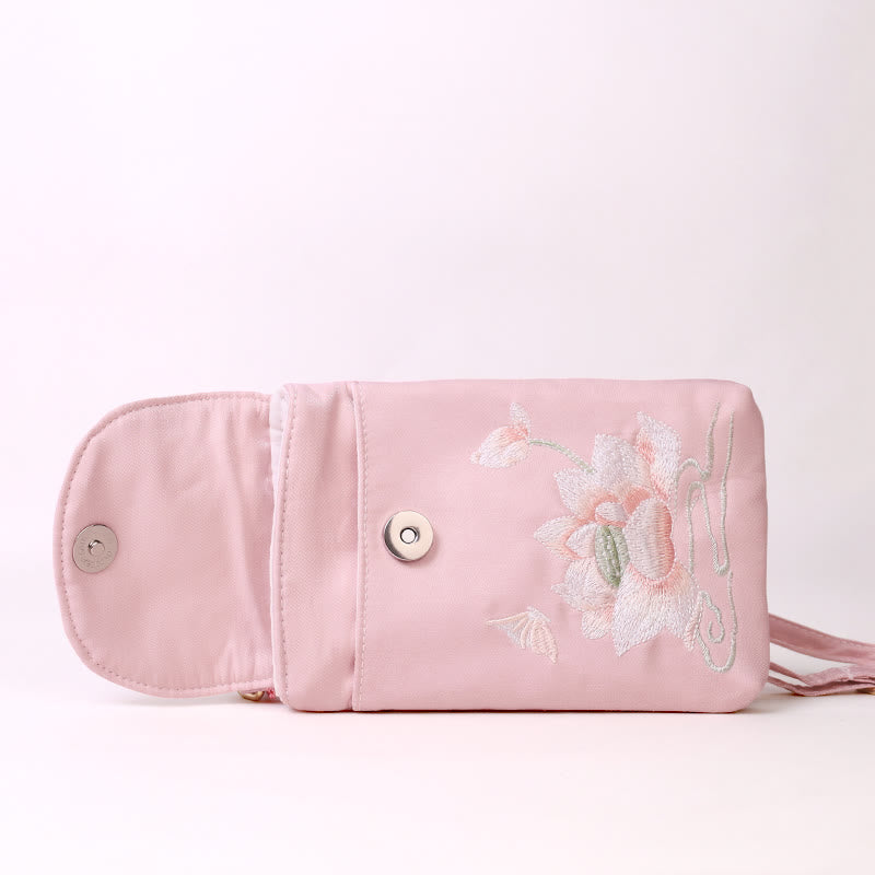 Bolso bandolera con flores bordadas pequeñas y Buddha Stones, bolso de hombro, bolso para móvil de doble capa