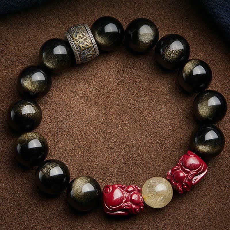 Pulsera de protección Om Mani Padme Hum de cinabrio PiXiu de obsidiana con brillo dorado de Buddha Stones