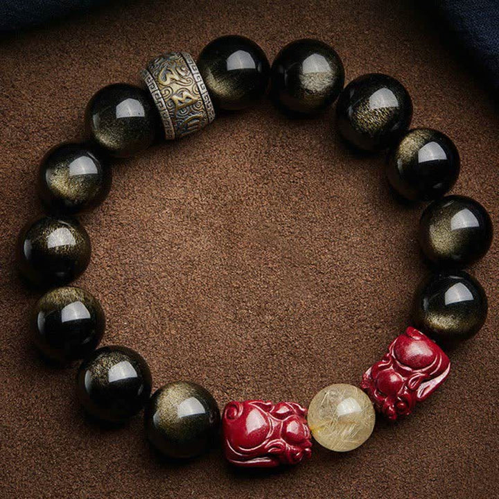Pulsera de protección Om Mani Padme Hum de cinabrio PiXiu de obsidiana con brillo dorado de Buddha Stones