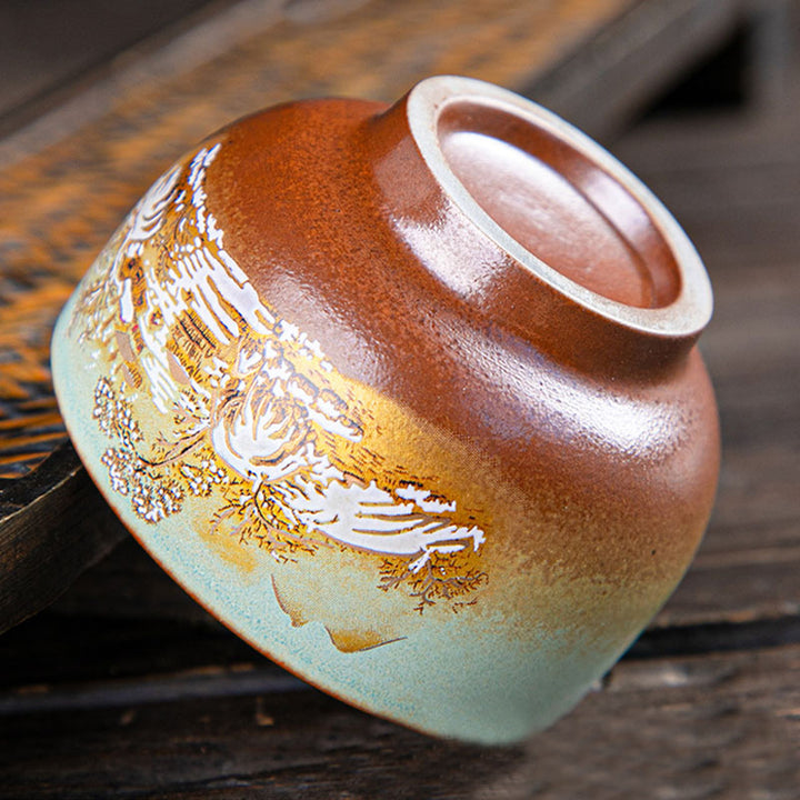 Buddha Stones, ciervo colorido, Pipa, nieve, flores de ciruelo, montañas, ríos, pájaro, taza de té de cerámica, tazón de té de Kung Fu