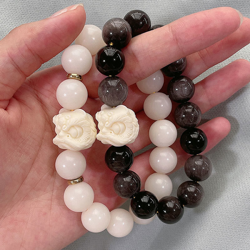 Pulsera de protección con Buddha Stones, obsidiana con brillo plateado, semilla de Bodhi, marfil, fruta, león danzante