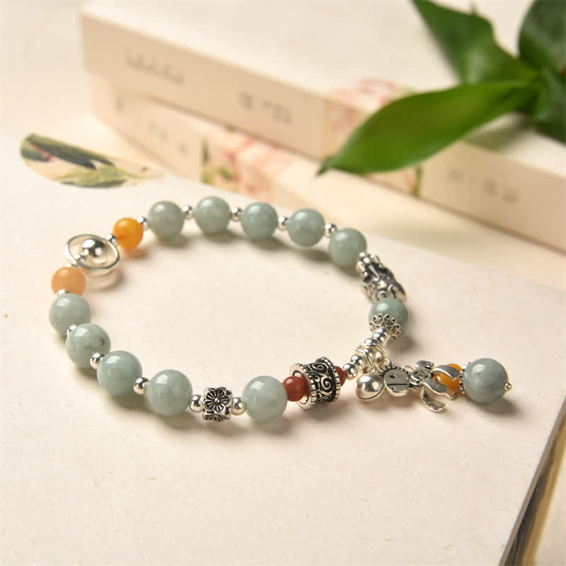 Pulsera de éxito de pony PiXiu de ámbar y jade natural de plata de ley 925