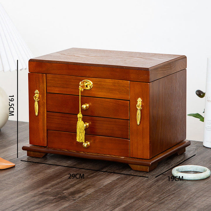 Caja de almacenamiento de joyería de madera de gran capacidad Vintage con Buddha Stones con espejo