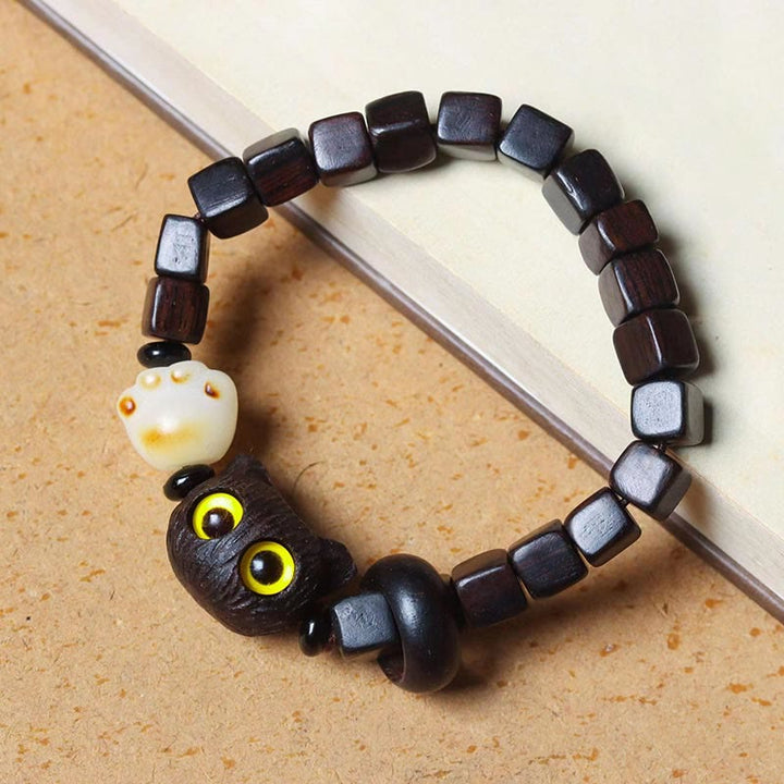 Buddha Stones Madera de ébano Lindo gato Bodhi Semilla Pata Garra Cuentas cuadradas Pulsera tranquila - Madera de ébano (Equilibrio♥Tranquilidad) (Circunferencia de la muñeca 14-16 cm) - image 1