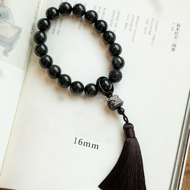 Obsidiana con brillo de plata Natural, León de obsidiana negra, protección Mala para muñeca, borlas, bolsillo, decoración para coche