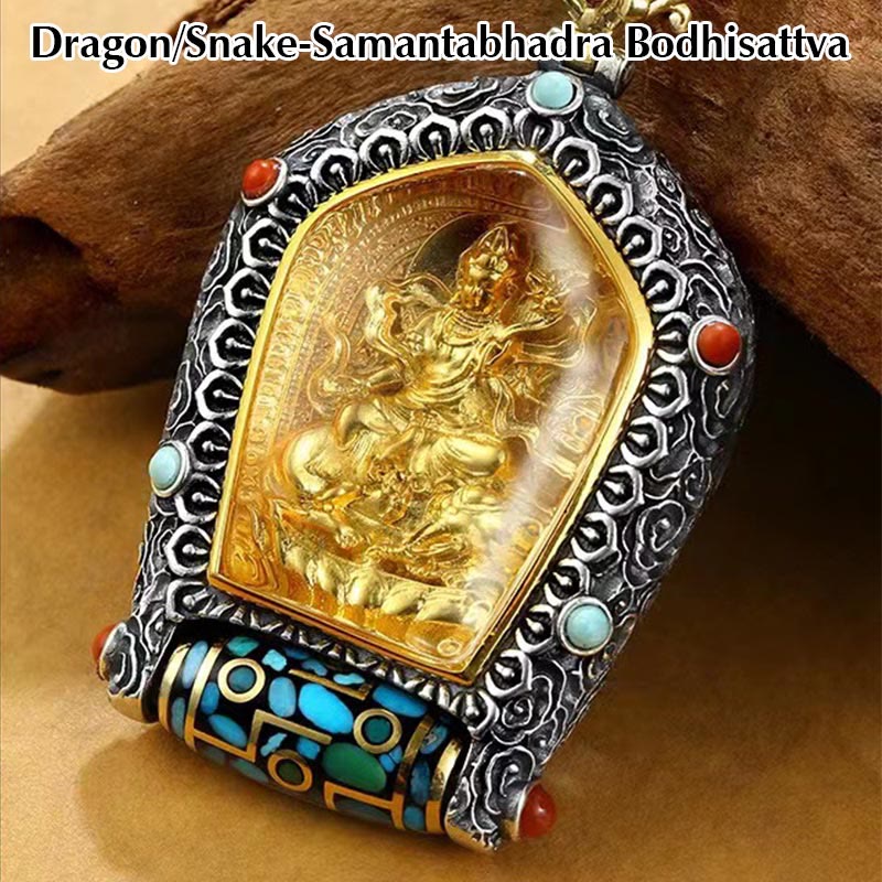 Colgante de collar de cuentas Dzi giratorio del zodiaco chino del Tíbet Buda natal Thangka prosperidad - Dragón/Serpiente-Samantabhadra Bodhisattva - image 7