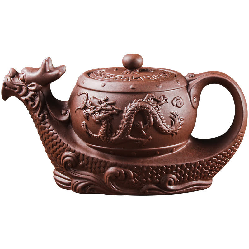 Tetera de cerámica de arcilla púrpura con nubes propicias de dragón Vintage con Buddha Stones