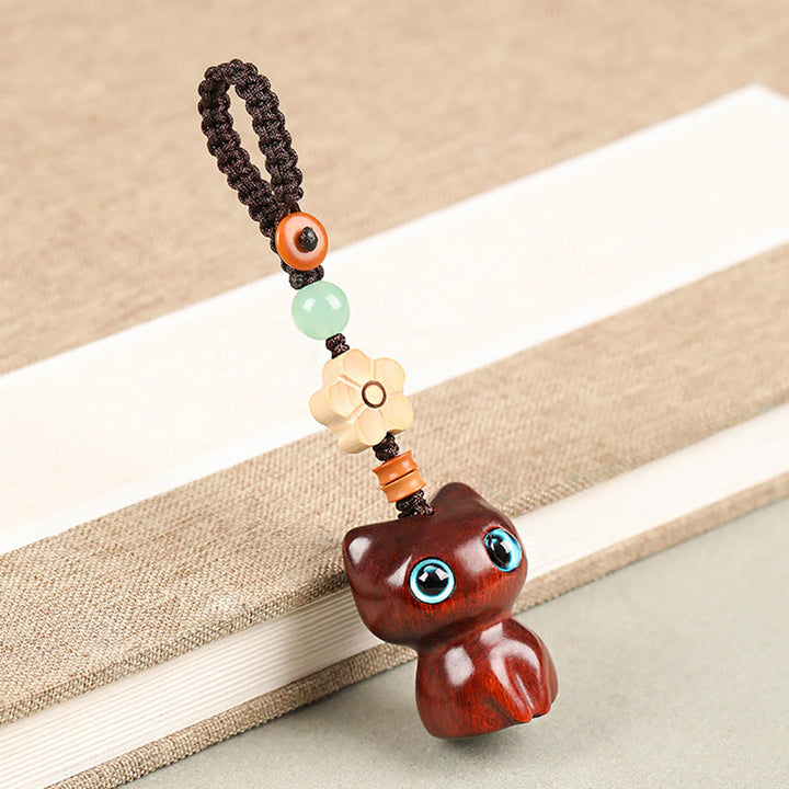 Buddha Stones, Mini hoja pequeña, sándalo rojo, madera de ébano, gato de la suerte, gatito encantador, llavero de la paz, decoración colgante para teléfono