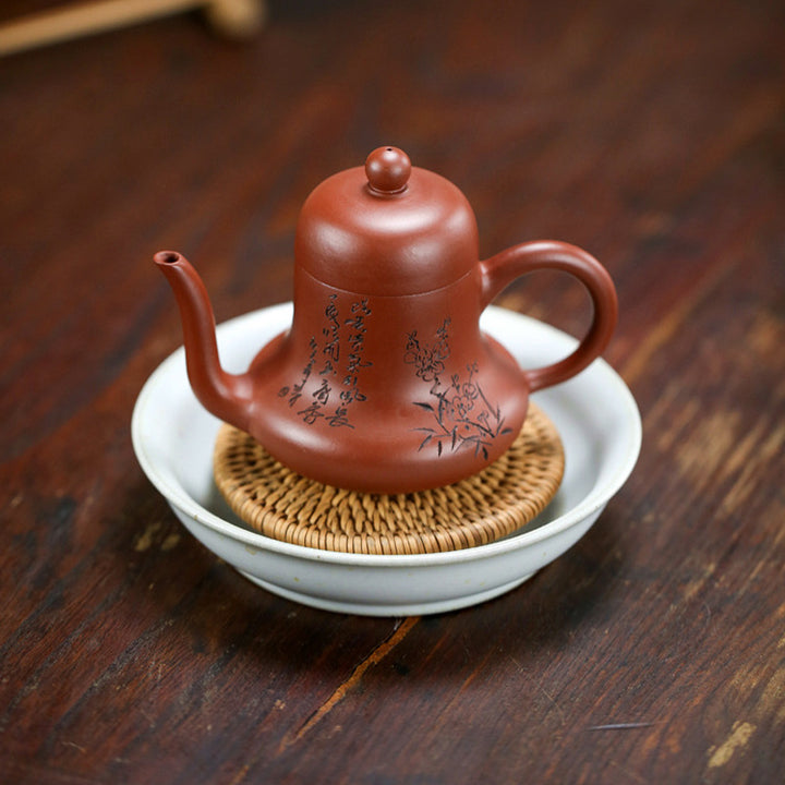 Tetera de kungfú de arcilla púrpura con flor de melocotón de bambú Vintage con Buddha Stones