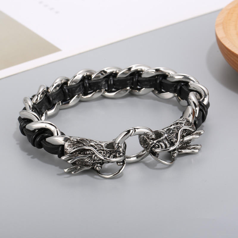 Pulsera trenzada de la suerte con protección de acero titanio y cuero de dragón