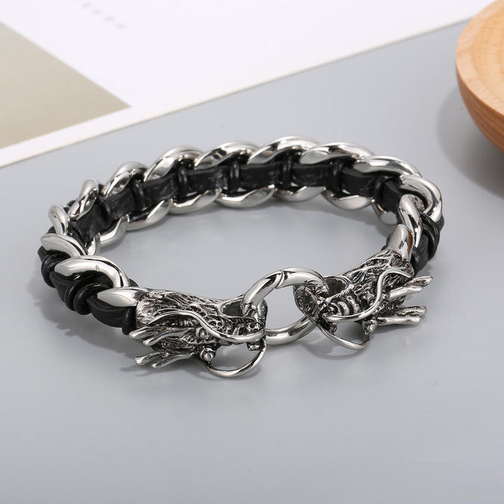 Pulsera trenzada de la suerte con protección de acero titanio y cuero de dragón