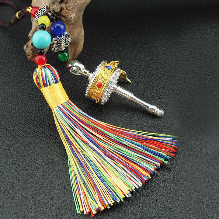 Tíbet Om Mani Padme Hum rueda de oración borla bolsa decoración colgante de coche