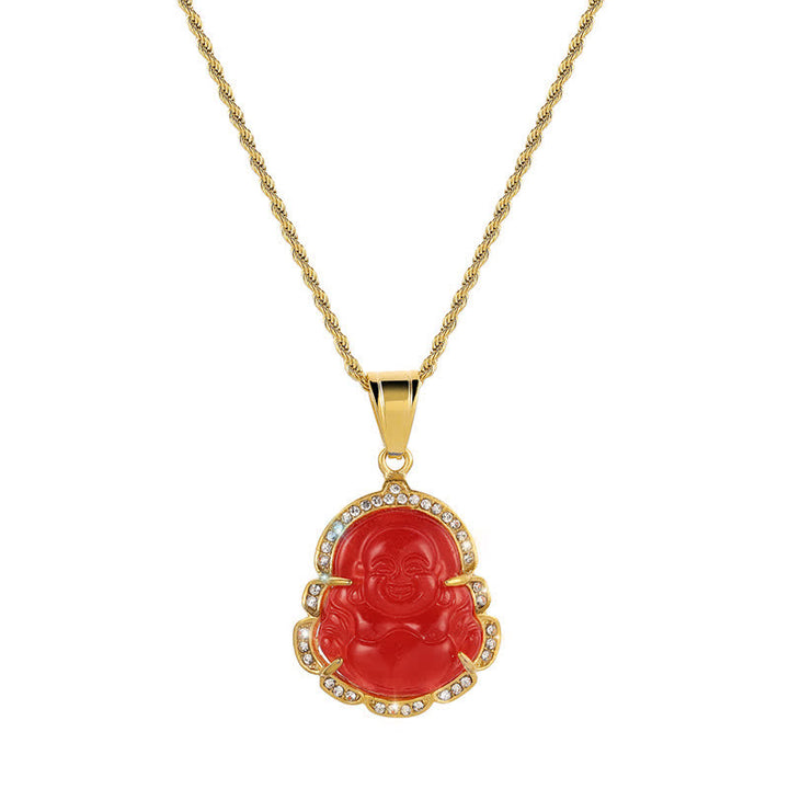 Colgante de cadena con collar de la suerte de jade de Buda sonriente relleno de oro de 18 quilates con Buddha Stones - Rojo - image 11