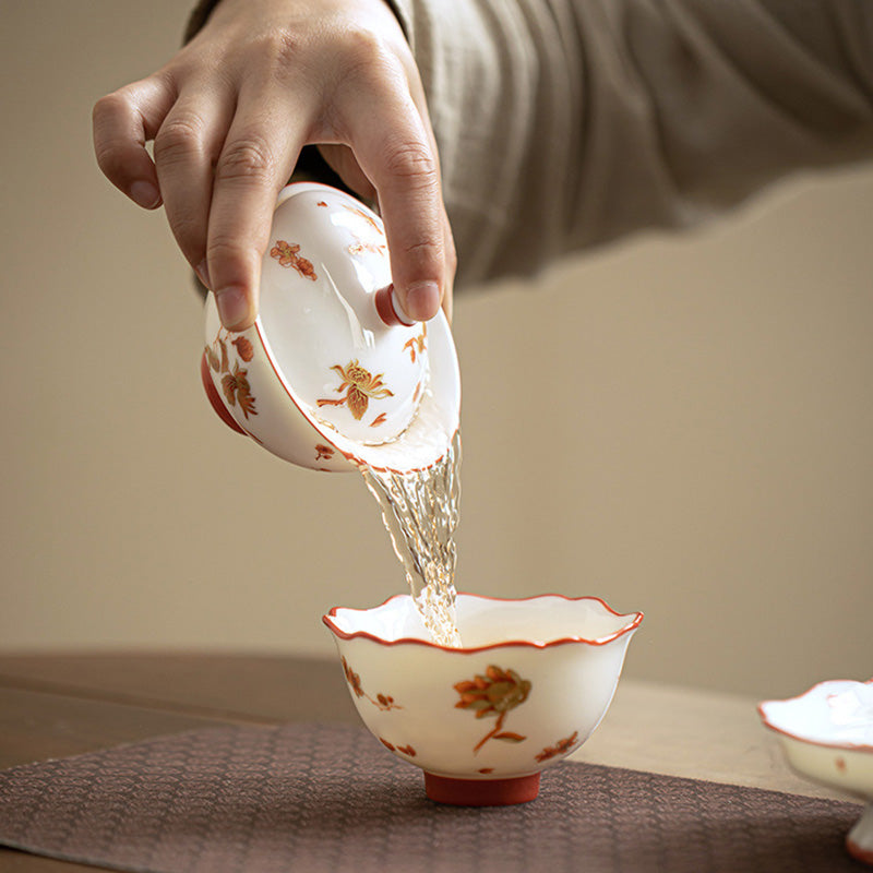 Taza de té y platillo con tapa, Gaiwan Sancai de cerámica, flores de porcelana blanca, Buddha Stones, Kung Fu