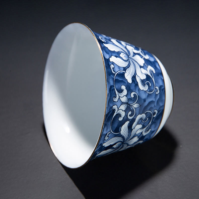 Taza de té de cerámica de porcelana azul y blanca, Buddha Stones, flores coloridas, orquídeas, olas del mar, taza de té de Kung Fu