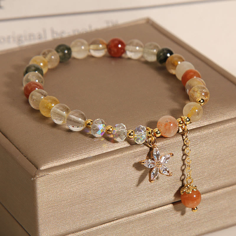 Pulsera de flores de circonio auspicioso de cuarzo rutilado multicolor con Buddha Stones