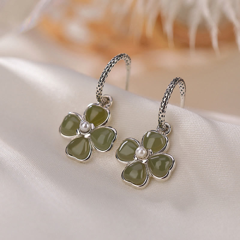 Pendientes de plata de ley 925 con Buddha Stones , jade cian natural, trébol de cuatro hojas, suerte y éxito