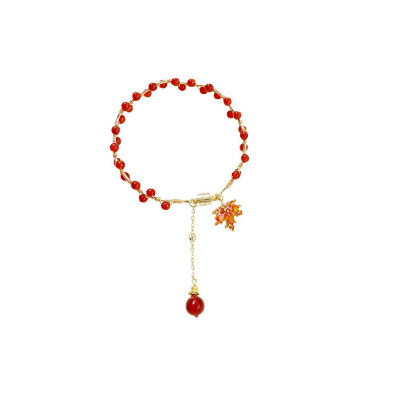 Pulsera con amuleto de la suerte de hoja de arce roja con Buddha Stones