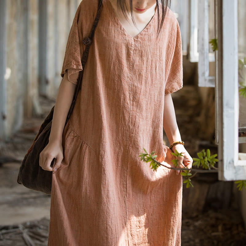 Vestido midi con cuello en V y teñido anudado hecho a mano con Buddha Stones Vestido de manga corta de lino