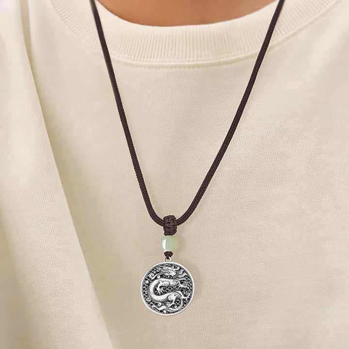 Collar con colgante de plata de ley 999 con Buddha Stones, diseño del Año del Dragón Fu, con carácter de jade hetiano