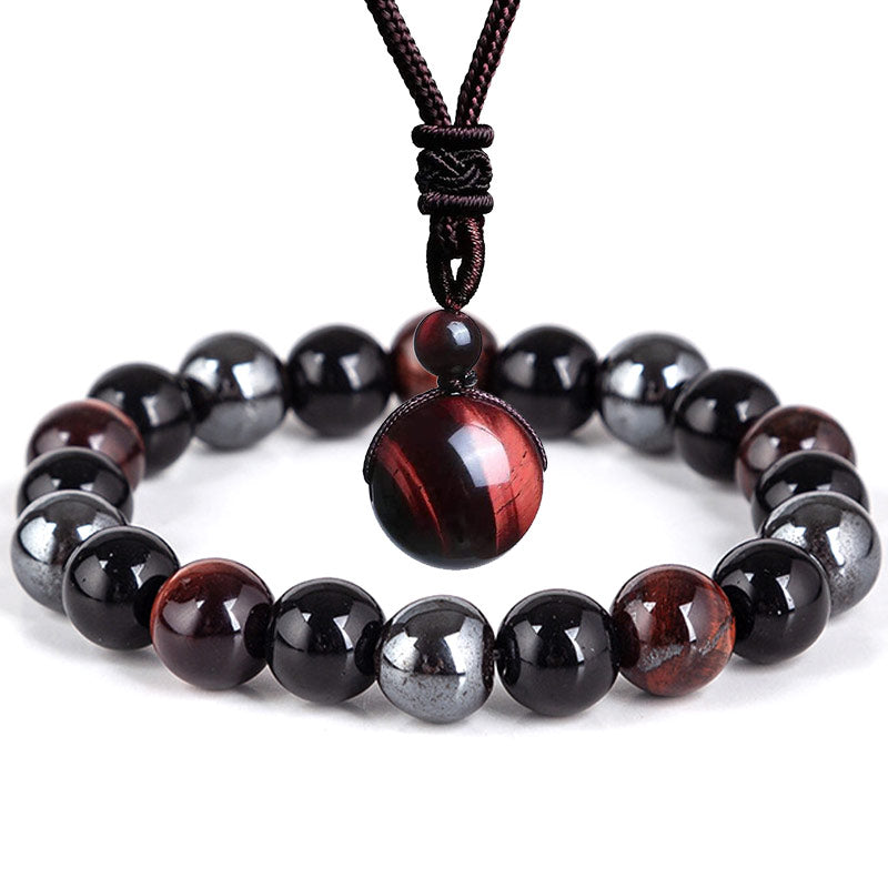 Juego de collar y pulsera con ojo de tigre tibetano con Buddha Stones