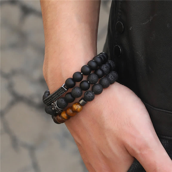 Pulsera activada con ojo de tigre, piedra de Lava, piedra esmerilada, 3 Buddha Stones.
