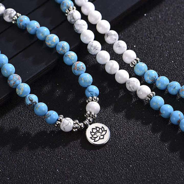 Pulsera de bendición de loto de piedra emperador turquesa blanca de 108 cuentas Mala