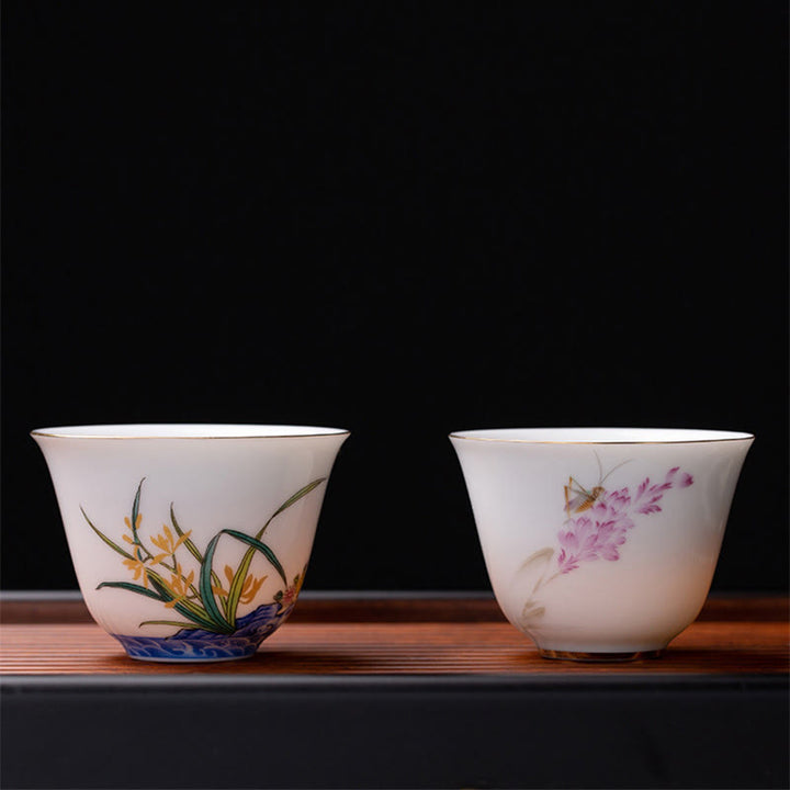 Taza de té de cerámica de porcelana azul y blanca, Buddha Stones, flores coloridas, orquídeas, olas del mar, taza de té de Kung Fu