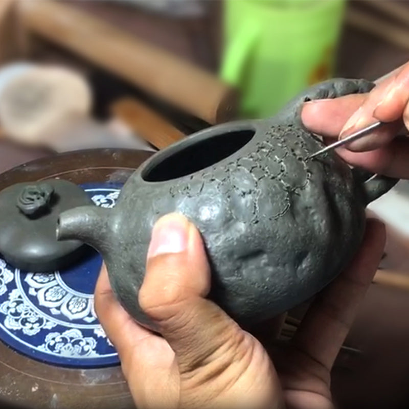 Tetera de kungfú de arcilla púrpura con textura de árbol Vintage hecha a mano con Buddha Stones 220ml