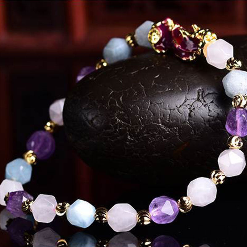 Pulsera con dijes de Pixiu de la fortuna de amatista natural