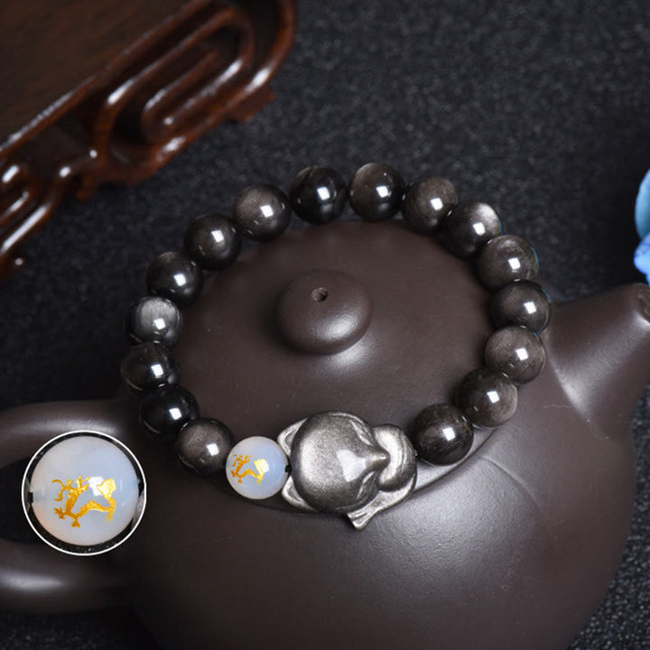Buddha Stones Natural Arco Iris Obsidiana Oro Brillo Obsidiana Plata Brillo Obsidiana Zorro Curación Pulsera
