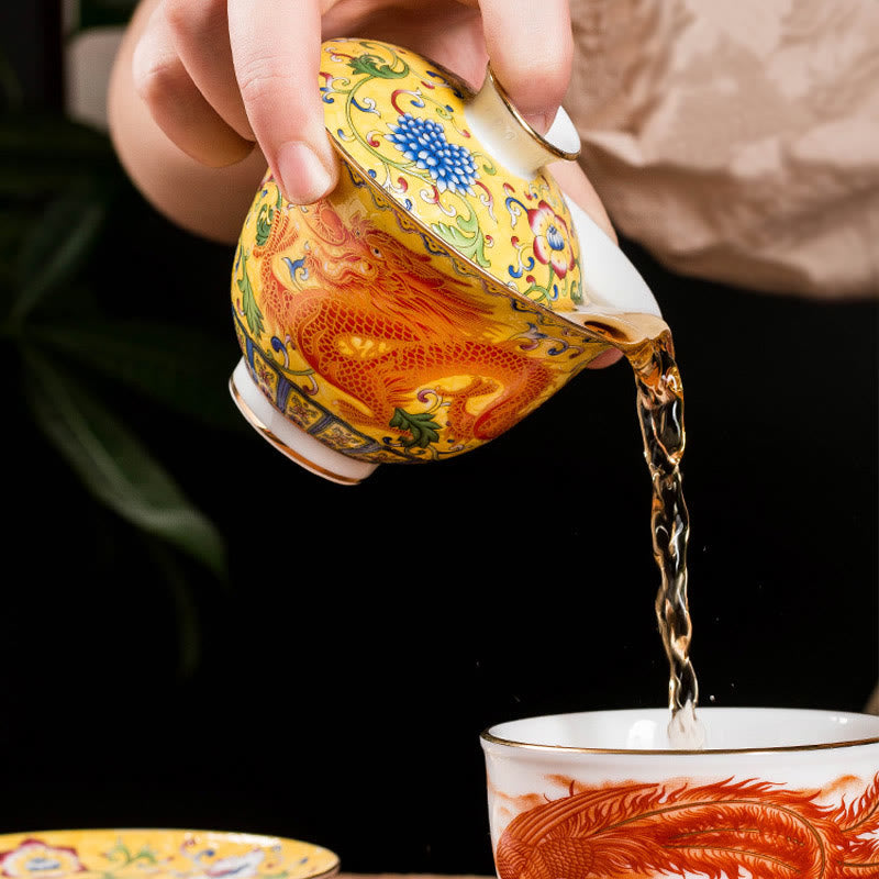 Taza de té y platillo con tapa, cerámica, diseño de flor de Fénix, dragón, Buddha Stones , Gaiwan Sancai, Kung Fu