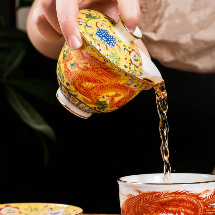 Taza de té y platillo con tapa, cerámica, diseño de flor de Fénix, dragón, Buddha Stones , Gaiwan Sancai, Kung Fu