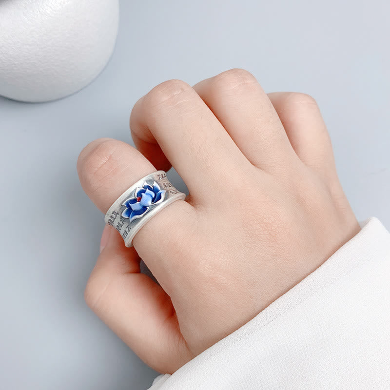 Anillo de iluminación con patrón grabado de Sutra de corazón de flor de loto azul con Buddha Stones
