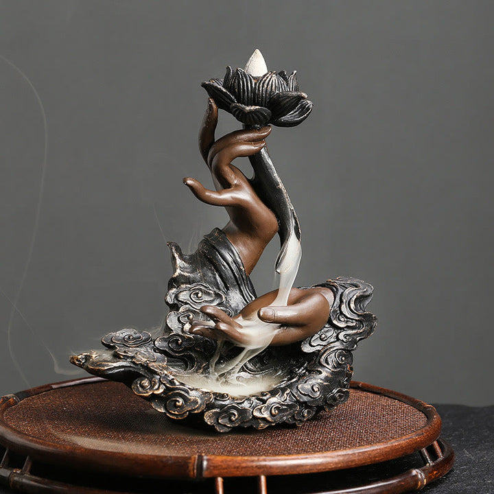 Quemador de incienso de reflujo de resina para meditación, diseño de nubes propicias, mano de Buda de loto, Buddha Stones