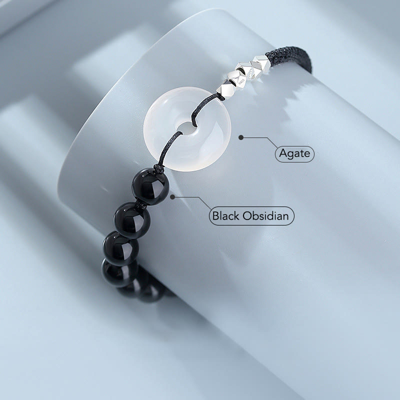 Pulsera de fuerza con hebilla de paz de ágata de obsidiana negra de plata de ley 925 con Buddha Stones