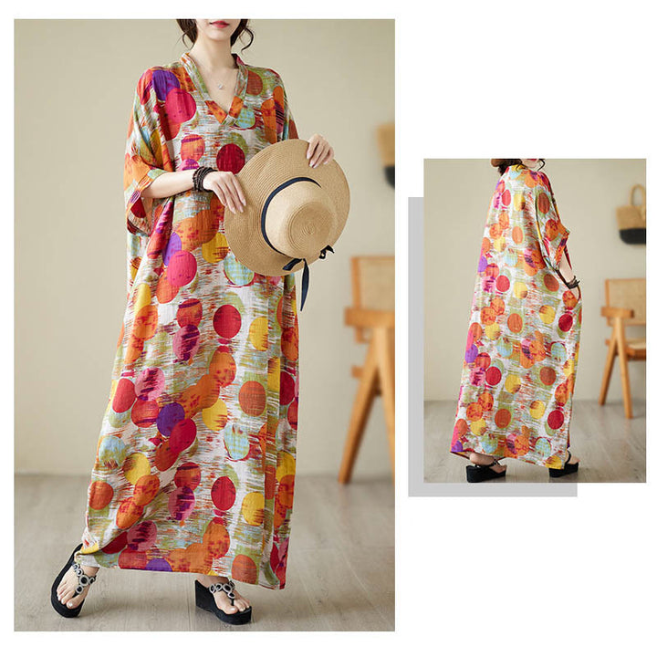 Vestido midi de lunares de colores azul naranja y piedras de Buddha Stones Vestido de media manga de algodón con bolsillos