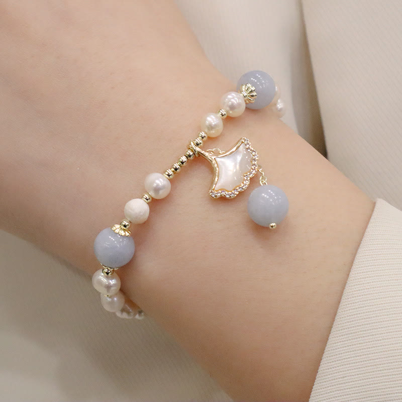Pulsera con dije de mariposa y hoja de Ginkgo curativa con perlas de aguamarina naturales y Buddha Stones