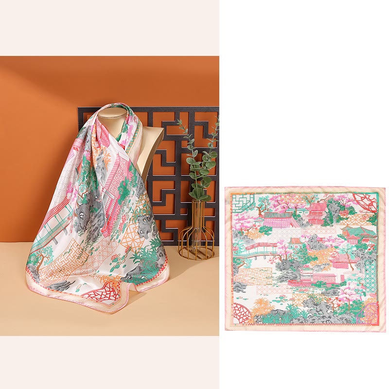 Buddha Stones escena pastoral globo aerostático flor de primavera 100% seda de morera cuello bufanda para el pelo