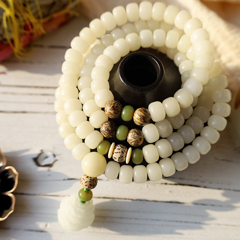 Buddha Stones Jade Blanco Bodhi Lotus Mala Armonía Collar Pulsera - image 3