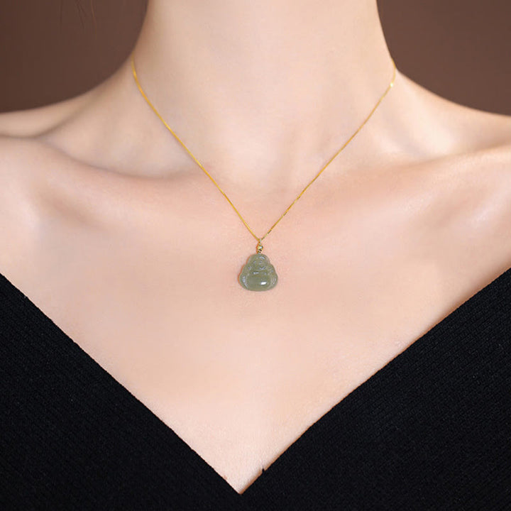 Plata de Ley 925 Natural Hetian Jade cian Jade suerte riendo Buda mariposa collar colgante - image 4