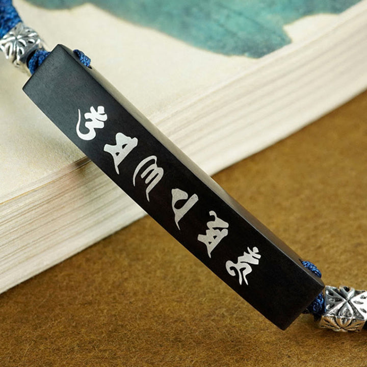 Pulsera de protección con incrustaciones de plata y madera de ébano, seis palabras verdaderas, budismo de Buddha Stones