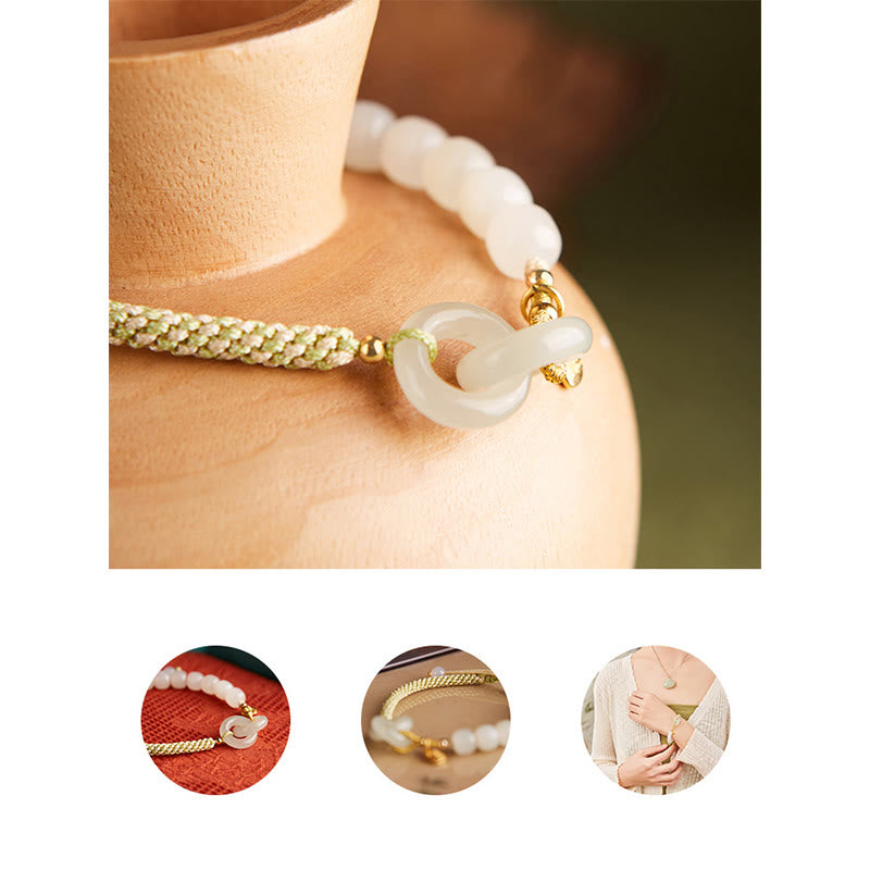 Pulsera trenzada con doble hebilla de paz y cuentas de jade hetiano natural, Buddha Stones, carácter Fu, abundancia