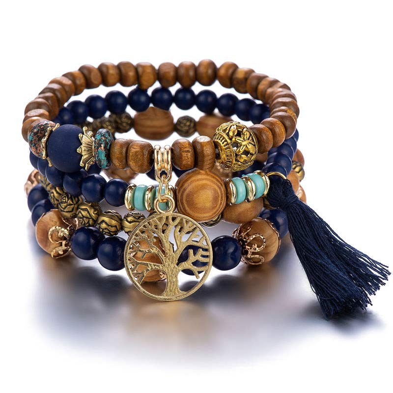 Pulsera curativa con borlas de árbol en capas de madera de wengué