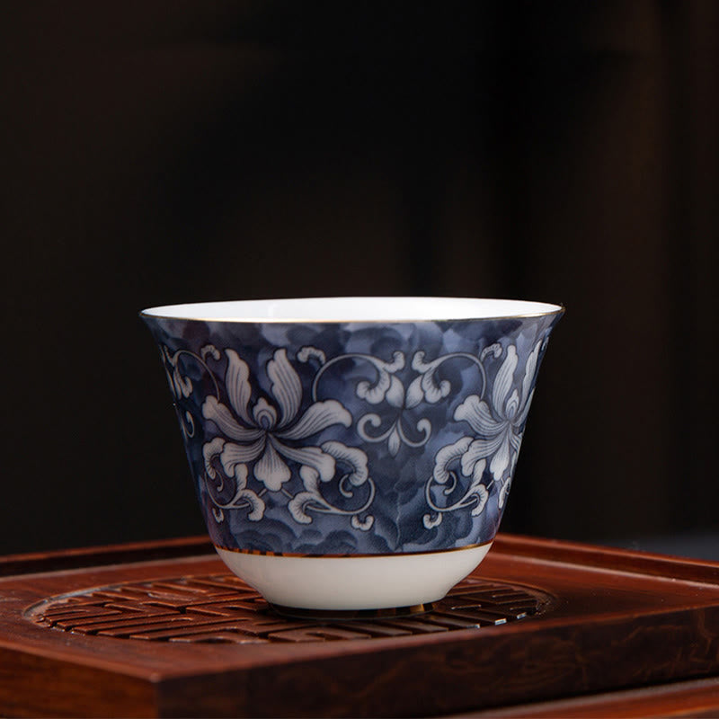Taza de té de cerámica de porcelana azul y blanca, Buddha Stones, flores coloridas, orquídeas, olas del mar, taza de té de Kung Fu