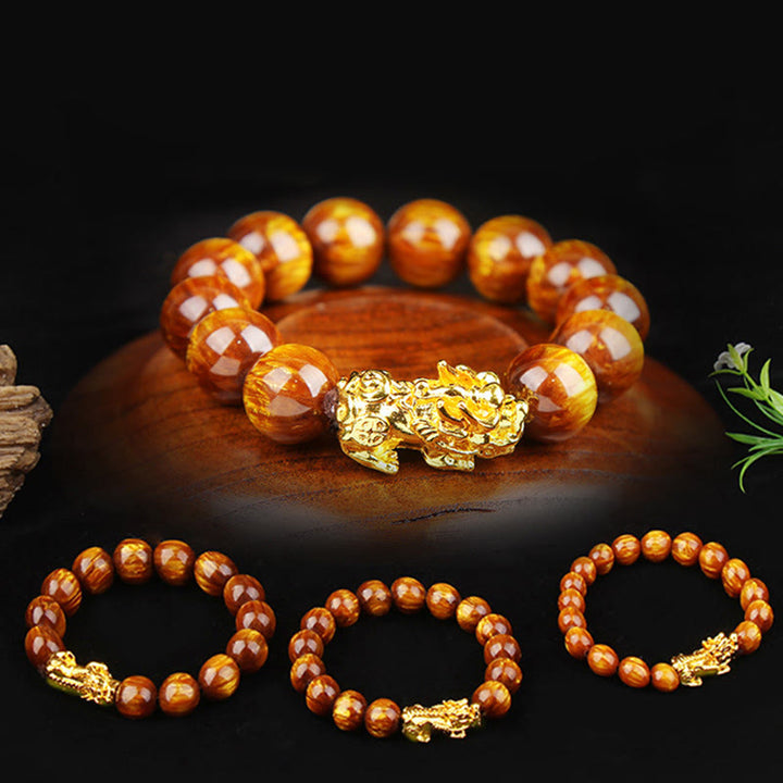 Pulsera Pixiu Abundante Ojo de Tigre Dorado de la Suerte con Buddha Stones
