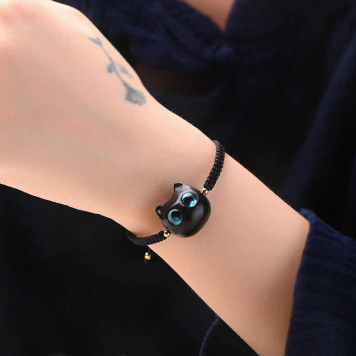 Pulsera trenzada con Buddha Stones, hoja pequeña, sándalo rojo, madera de ébano, cabeza de gato bonita, protección tranquila - image 15