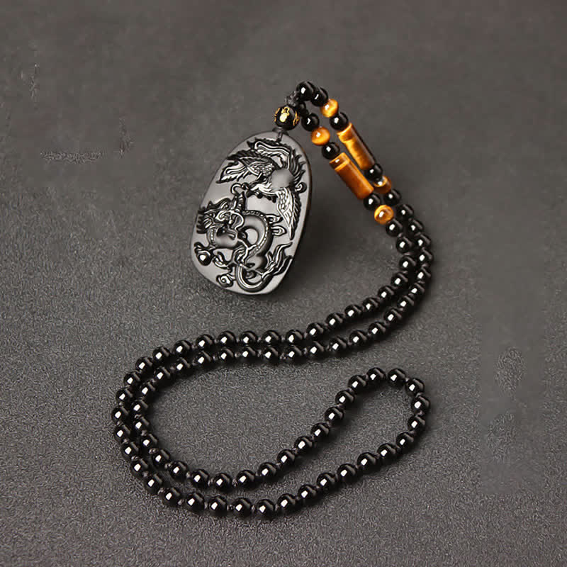 Colgante de collar con cuentas de protección de dragón y fénix de ojo de tigre de obsidiana negra - image 13