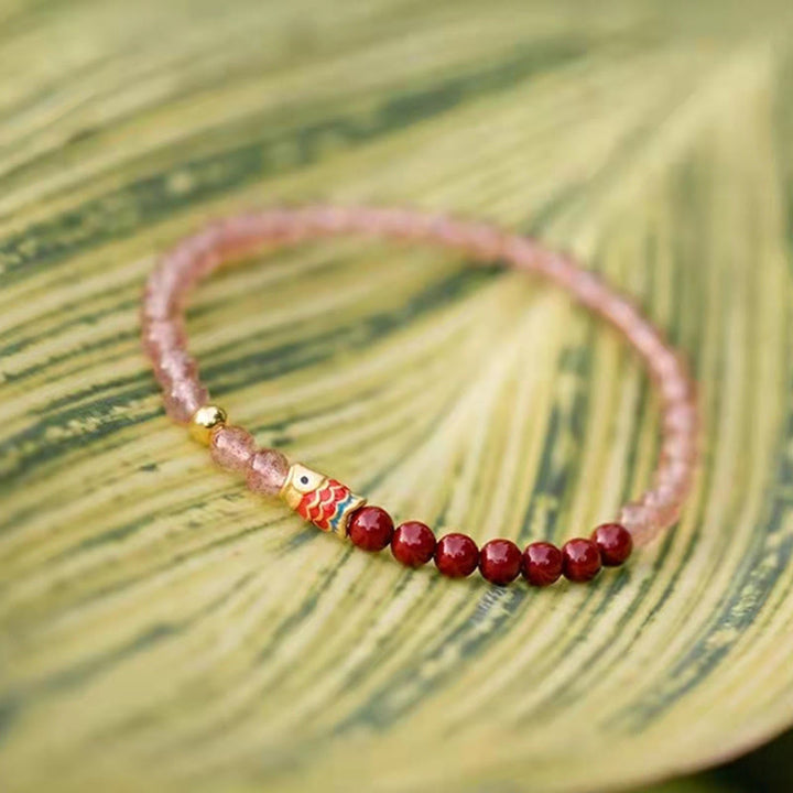 Pulsera curativa de peces Koi de la suerte, cinabrio, cuarzo fresa Natural, Buddha Stones