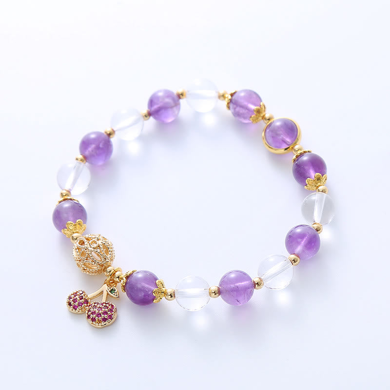 Pulsera con dije de cereza positiva de cristal blanco amatista natural con Buddha Stones
